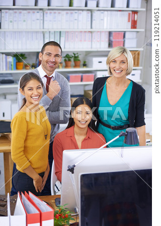 Business people, computer and communication for collaboration in portrait, office and teamwork. Colleagues, happy and reading information on website, together and support for proposal or report 119214051