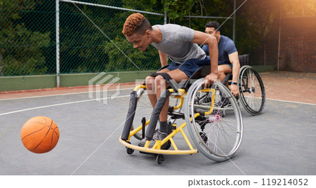 Sports, basketball and men in wheelchair for exercise, training and workout on outdoor court. Fitness, team and male people with disability tackle ball for playing competition, practice and games Sports, basketball and men in wheelchair for exercise, training and workout on outdoor court. Fitness, team and male people with disability tackle ball for playing competition, practice and games 119214052