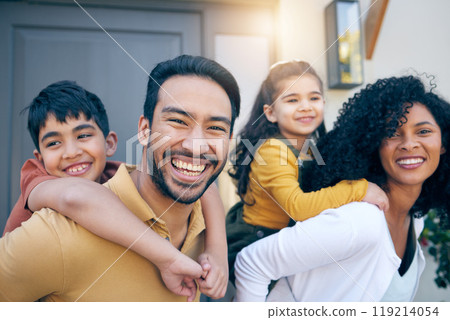 Portrait, happy and family piggyback by home, bonding and excited for funny laugh together. Face, children and parents, mother and father with care, love and smile for support in connection at house Portrait, happy and family piggyback by home, bonding and excited for funny laugh together. Face, children and parents, mother and father with care, love and smile for support in connection at house 119214054