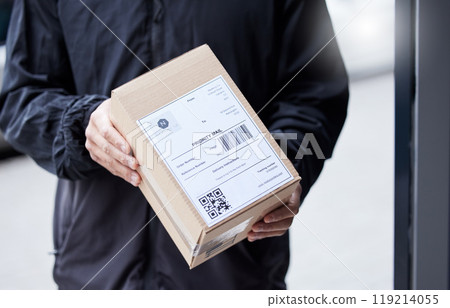 Box, hands and courier at entrance for a delivery, ecommerce work or cargo shipping. Closeup, logistics and man or person with a package, stock or front door freight wholesale or distribution service Box, hands and courier at entrance for a delivery, ecommerce work or cargo shipping. Closeup, logistics and man or person with a package, stock or front door freight wholesale or distribution service 119214055