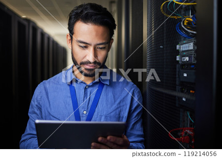 Tablet, man and engineer in server room on research for programming at night. Information technology, inspection and technician in data center reading, network maintenance or typing code for software Tablet, man and engineer in server room on research for programming at night. Information technology, inspection and technician in data center reading, network maintenance or typing code for software 119214056