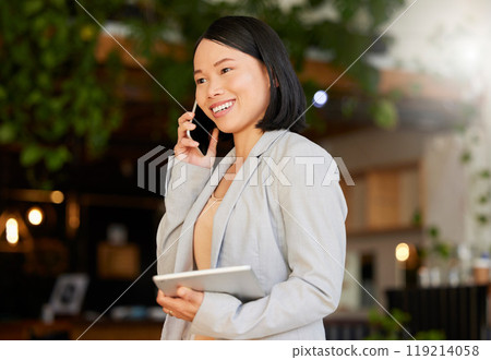 Business owner, woman and phone call or tablet for restaurant communication and e commerce management in store. Happy asian person or entrepreneur talking on mobile, digital tech and cafe networking Business owner, woman and phone call or tablet for restaurant communication and e commerce management in store. Happy asian person or entrepreneur talking on mobile, digital tech and cafe networking 119214058