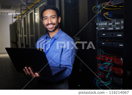 Man, data center and computer in programming portrait, server room coding and programming or cybersecurity. Business person on laptop and engineering network, gdpr software and backup or maintenance 119214067