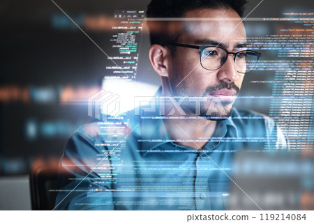 Programmer, coding and man with focus, hologram and data analytics with cyber security, futuristic and stock market. Male person, coder or programming with innovation, research or finance information 119214084