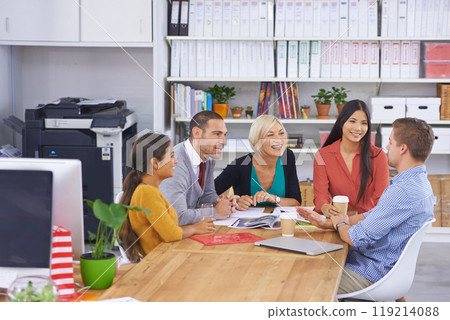 Staff, collaboration and brainstorming for startup plan, discussion and meeting for conversation strategy. Employees, teamwork and communicating for creative, ideas and advertising company or agency. 119214088