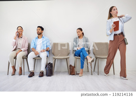 People, waiting room and businesswoman walking to interview at job recruitment agency. Human resources, hiring and diversity, men and women in lobby together with professional career opportunity. 119214116