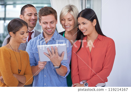 Business people, group and meeting with tablet, typing and internet with connection and social media. Staff, manager and employee with editor for a magazine and online news with journalist and tech 119214167