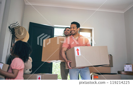 Happy, new home and box moving with child and gay parents with cardboard package and family. Smile, kid and lgbt people together with real estate and property mortgage in a house helping father Happy, new home and box moving with child and gay parents with cardboard package and family. Smile, kid and lgbt people together with real estate and property mortgage in a house helping father 119214225