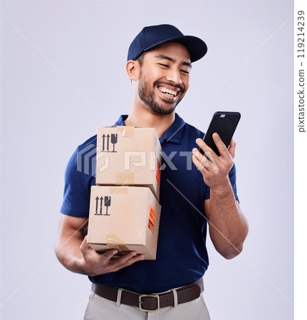 Phone, studio box and laughing delivery man reading online shopping, funny retail info or commercial export sale. Supply chain package, cellphone meme or funny distribution person on white background 119214239
