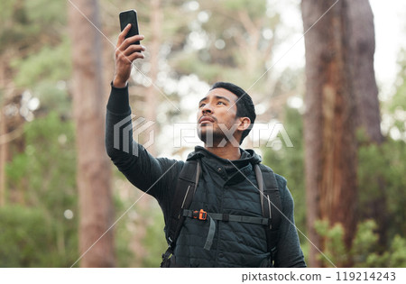 Phone, connection and man lost in nature for hiking, trekking and exercise in woods. Fitness, travel and person on smartphone with no signal for GPS, online location and digital map on adventure Phone, connection and man lost in nature for hiking, trekking and exercise in woods. Fitness, travel and person on smartphone with no signal for GPS, online location and digital map on adventure 119214243