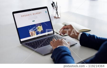 Online shopping menu, laptop and person hands reading screen for food delivery, restaurant webdesign or web store. About us, organic nutrition market and healthy customer decision on website homepage 119214364
