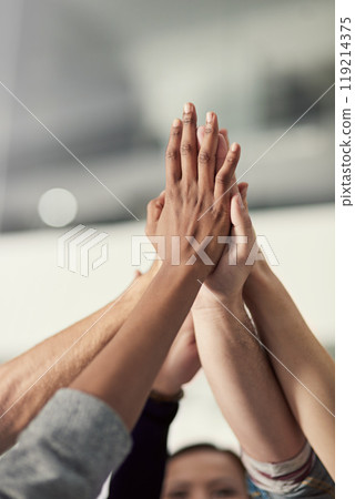 High five, hands and people together in office for collaboration on work project or task, celebration and synergy. Team, huddle and bonding in building of designer company, motivation and achievement High five, hands and people together in office for collaboration on work project or task, celebration and synergy. Team, huddle and bonding in building of designer company, motivation and achievement 119214375