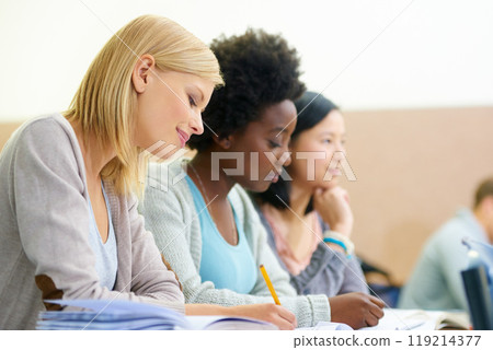 Students, university and writing information in classroom, exam preparation and notes for studying. People, books and knowledge in education for learning, problem solving and ideas for solution Students, university and writing information in classroom, exam preparation and notes for studying. People, books and knowledge in education for learning, problem solving and ideas for solution 119214377