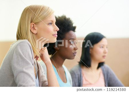 Education, lecture and diversity with group of women in classroom for learning, knowledge and vision. Idea, university and college with people listening at school for campus, planning and seminar Education, lecture and diversity with group of women in classroom for learning, knowledge and vision. Idea, university and college with people listening at school for campus, planning and seminar 119214380