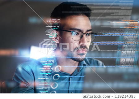 Programming coding and man with focus, hologram and trading with cyber security, futuristic and research. Male person, investor and employee with data analysis, server or investment with website info Programming coding and man with focus, hologram and trading with cyber security, futuristic and research. Male person, investor and employee with data analysis, server or investment with website info 119214383