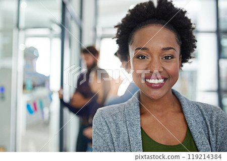 Portrait, business and smile of black woman in office, company and employee coworking in creative startup. Face, professional and happy female person, entrepreneur and editor in workplace for career Portrait, business and smile of black woman in office, company and employee coworking in creative startup. Face, professional and happy female person, entrepreneur and editor in workplace for career 119214384