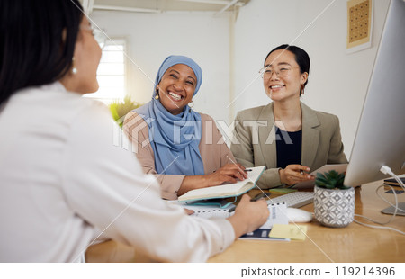 Teamwork, diversity and business women in a meeting for planning or strategy in their professional office. Collaboration, marketing or design with a creative team in the workplace for management Teamwork, diversity and business women in a meeting for planning or strategy in their professional office. Collaboration, marketing or design with a creative team in the workplace for management 119214396