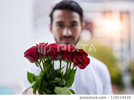 Love, giving and man with bouquet of roses for date, romance and hope for valentines day. Confession, romantic gift and person holding flowers outside, proposal or engagement on blurred background. Love, giving and man with bouquet of roses for date, romance and hope for valentines day. Confession, romantic gift and person holding flowers outside, proposal or engagement on blurred background. 119214430