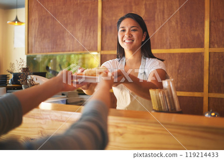 Sushi, restaurant worker hand and woman smile from food and Asian meal with server. Happy, female waiter or chef working with fish and rice for lunch order with cooking in Japanese bar for service 119214433
