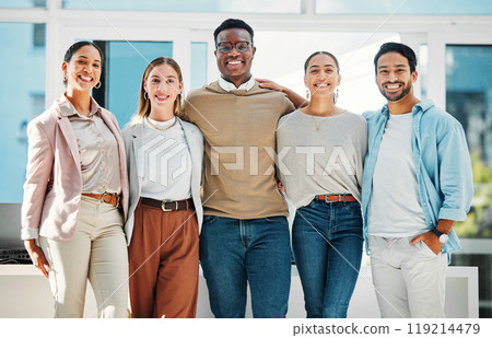Portrait of confident business people with smile, hug and team at human resources office. Happy startup employees, men and women standing in workplace together with pride, solidarity and opportunity. 119214479