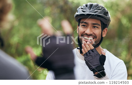 Cycling, sign language and a man in outdoor for fitness, training or communication with a deaf friend. Team building, exercise and a cyclist talking to a sports person with a disability in nature Cycling, sign language and a man in outdoor for fitness, training or communication with a deaf friend. Team building, exercise and a cyclist talking to a sports person with a disability in nature 119214503