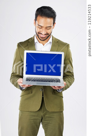Laptop screen, mockup and search with business man in studio for social media, communication and ux. Website, research and logo with employee on white background for email, online and internet Laptop screen, mockup and search with business man in studio for social media, communication and ux. Website, research and logo with employee on white background for email, online and internet 119214533