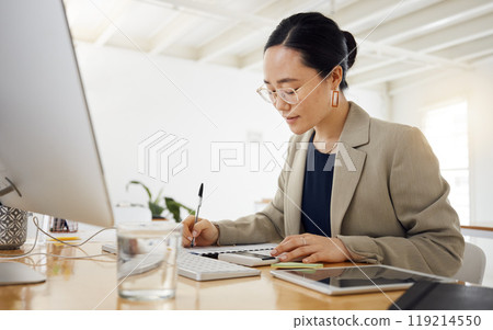 Finance, budget and business woman writing in office for savings, tax or investment growth with calculator. Solution, planning and asian female financial advisor with sales, review and brainstorming Finance, budget and business woman writing in office for savings, tax or investment growth with calculator. Solution, planning and asian female financial advisor with sales, review and brainstorming 119214550