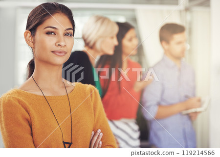 Creative woman, portrait and team with leadership for meeting, planning or brainstorming ideas at office. Young female person in confidence for startup, group project or creativity at the workplace Creative woman, portrait and team with leadership for meeting, planning or brainstorming ideas at office. Young female person in confidence for startup, group project or creativity at the workplace 119214566