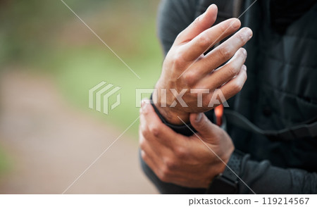 Wrist, pain and hands of man in sports, outdoor and training with a medical accident, crisis or problem with anatomy in nature. Exercise, injury and athlete with trauma to muscle, joint or hand Wrist, pain and hands of man in sports, outdoor and training with a medical accident, crisis or problem with anatomy in nature. Exercise, injury and athlete with trauma to muscle, joint or hand 119214567