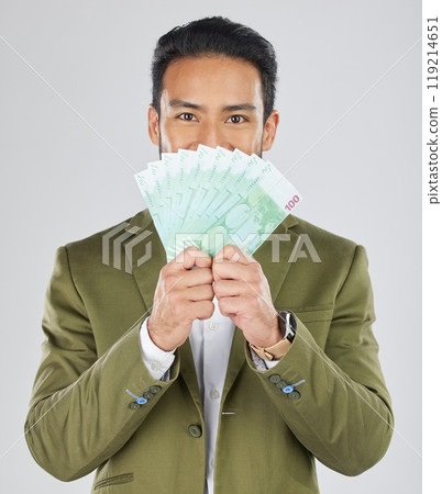 Asian man, money fan and finance in savings, investment or loan against a white studio background. Portrait of businessman with cash or dollar bills in financial freedom, profit or salary increase Asian man, money fan and finance in savings, investment or loan against a white studio background. Portrait of businessman with cash or dollar bills in financial freedom, profit or salary increase 119214651