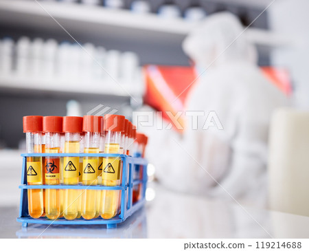 Science, closeup and test tube with warning in laboratory for medical research, healthcare and innovation with poison. Investigation, vial and sample of chemical or biohazard for professional study Science, closeup and test tube with warning in laboratory for medical research, healthcare and innovation with poison. Investigation, vial and sample of chemical or biohazard for professional study 119214688