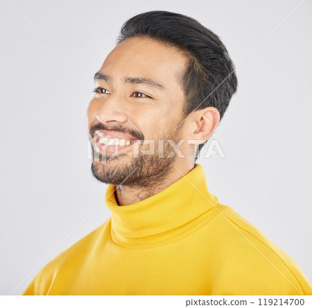 Man, smile and thinking with future and dream, inspiration and memory isolated on white background. Headshot, ideas and happiness, thoughtful and positivity with brainstorming and mission in a studio Man, smile and thinking with future and dream, inspiration and memory isolated on white background. Headshot, ideas and happiness, thoughtful and positivity with brainstorming and mission in a studio 119214700