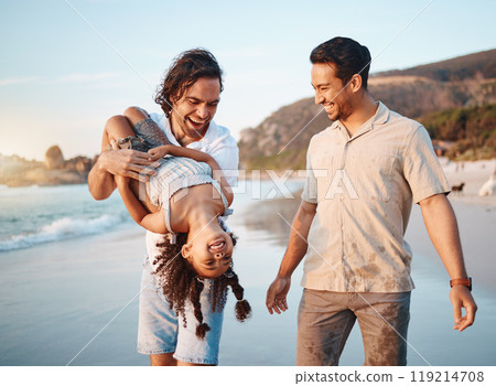 Beach, lgbtq and parents play with girl in summer on holiday, vacation and adventure. Happy family, healthy relationship and child with gay fathers by ocean for bonding, relax and fun outdoors 119214708