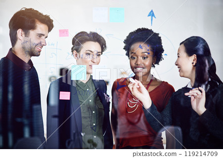 Business people, problem solving and writing on glass in office, teamwork and seo idea for solution. Colleagues, tasks and diversity for strategy, support and speaking for project or brainstorming 119214709