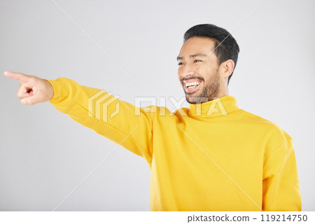 Indian, man and pointing hand in studio to show fashion promotion, offer or excited for deal on white background. Choice, gesture mockup and presentation of information with person showing space Indian, man and pointing hand in studio to show fashion promotion, offer or excited for deal on white background. Choice, gesture mockup and presentation of information with person showing space 119214750