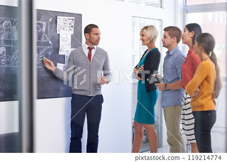 Creative people, chalkboard and presentation with team for storyboard, development or meeting at office. Coach talking to group of employees for project planning, production or startup at workplace 119214774