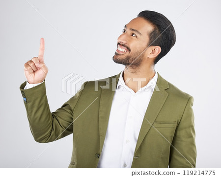 Businessman, thinking and happy man pointing for promotion, deal and logo isolated in studio white background. Choice, corporate and person or employee showing advertising or news with smile 119214775