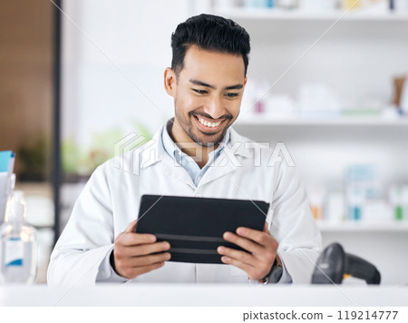 Man in pharmacy with tablet, checklist and medicine on website with online info. Pharmacist, digital app and inventory stock research with check for pharmaceutical drugs, telehealth or healthcare. Man in pharmacy with tablet, checklist and medicine on website with online info. Pharmacist, digital app and inventory stock research with check for pharmaceutical drugs, telehealth or healthcare. 119214777