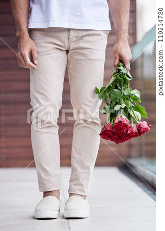 Hands, legs and man with bouquet of roses for date, romance and hope for valentines day. Love confession, romantic floral gift and person holding flowers, standing outside for proposal or engagement Hands, legs and man with bouquet of roses for date, romance and hope for valentines day. Love confession, romantic floral gift and person holding flowers, standing outside for proposal or engagement 119214780