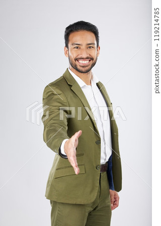 Business man, shaking hands or offer in introduction, partnership and financial deal, success or welcome in studio. Professional person with handshake, POV meeting and portrait on a white background 119214785