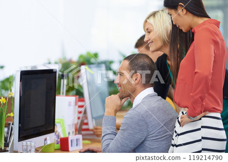 Business people, computer and discussion for collaboration on plan, office and teamwork on project. Colleagues, happy and reading information on website, together and support for proposal or report 119214790