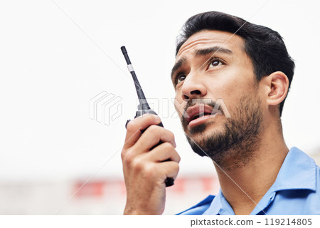 Walkie talkie, man and face of security guard for safety, backup support and mockup space. Asian police officer, bodyguard and radio communication of crime investigation to monitor city surveillance 119214805