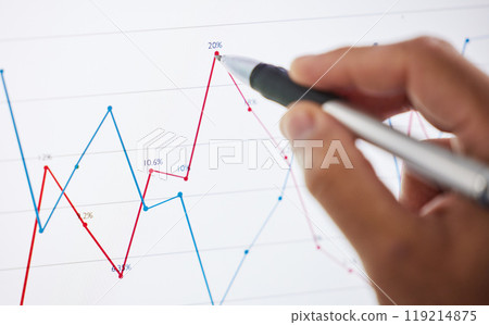 Hand, growth and chart with drawing, closeup and office for planning, analytics and ideas for investing. Finance employee, pen and board for innovation, stats and vision with graph for stock market 119214875