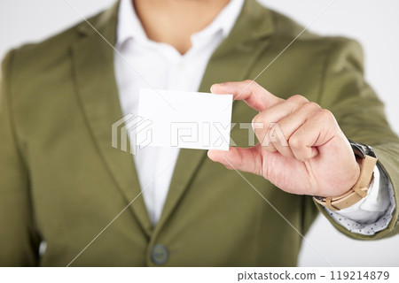 Man, hand and business card in advertising, marketing or branding against a white studio background. Closeup of businessman with paper, poster or sign for contact information or services on mockup 119214879