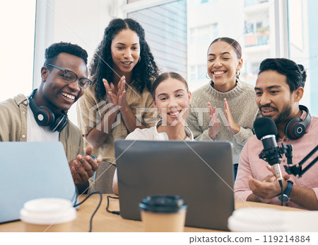 Radio group, applause and team with celebration, laptop and live streaming with prize, award and cooperation. People, presenter and staff with achievement, clapping and success with a pc and podcast Radio group, applause and team with celebration, laptop and live streaming with prize, award and cooperation. People, presenter and staff with achievement, clapping and success with a pc and podcast 119214884