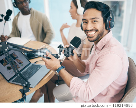 Man, microphone and radio, headphones and laptop in portrait, media or press with journalist or DJ for content creation. Podcast, influencer and live stream with audio, talk show and communication 119214893