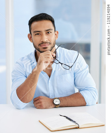 Asian man, portrait and business confidence at desk with glasses or notebook as architect, interior design or company. Male person, face and creative with startup, entrepreneur or project planning Asian man, portrait and business confidence at desk with glasses or notebook as architect, interior design or company. Male person, face and creative with startup, entrepreneur or project planning 119214894