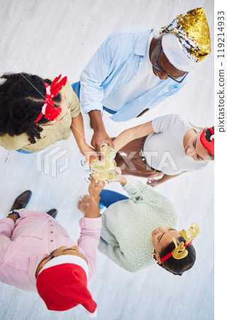 Toast, champagne and a business team at a Christmas office party together for celebration event from above. Diversity, happy or cheers with an employee group of men and woman in the workplace 119214933