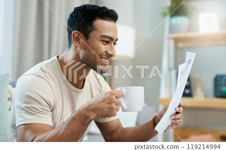 Home, bills and happy man with coffee for planning, reading financial documents and taxes management in living room. Young person with tea and paperwork for mortgage, budget and insurance or finance Home, bills and happy man with coffee for planning, reading financial documents and taxes management in living room. Young person with tea and paperwork for mortgage, budget and insurance or finance 119214994