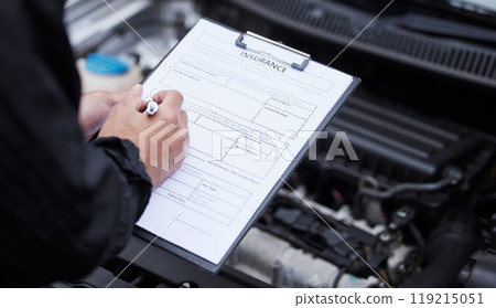 Car insurance, hands and man writing on documents for compliance, maintenance and engine control. Vehicle, inspection and male mechanic with paper form for information or checklist, claim or note 119215051
